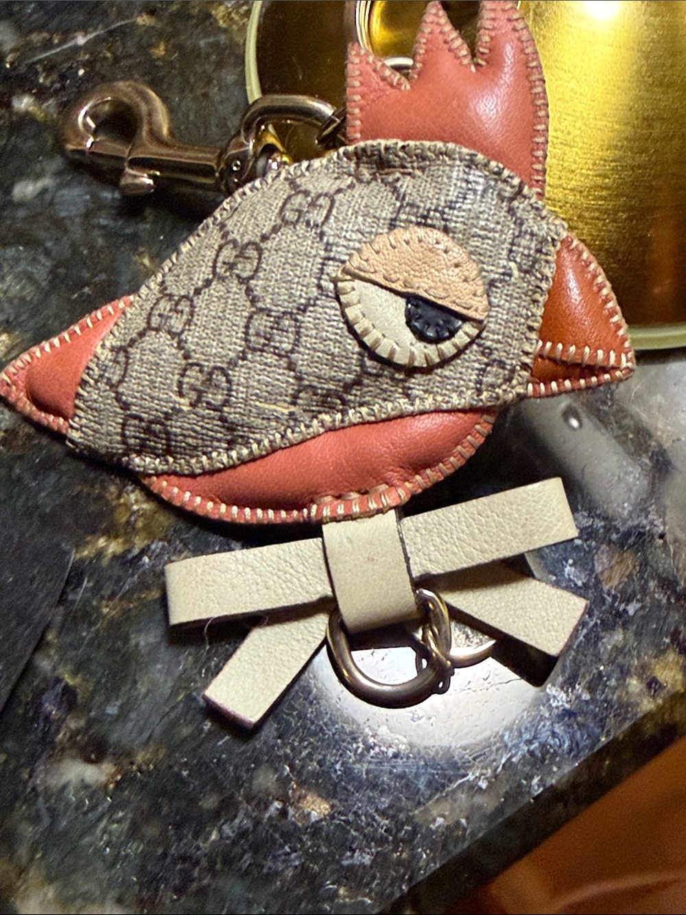 Designer Monogram Parrot Keychain Charm in Tan and Coral